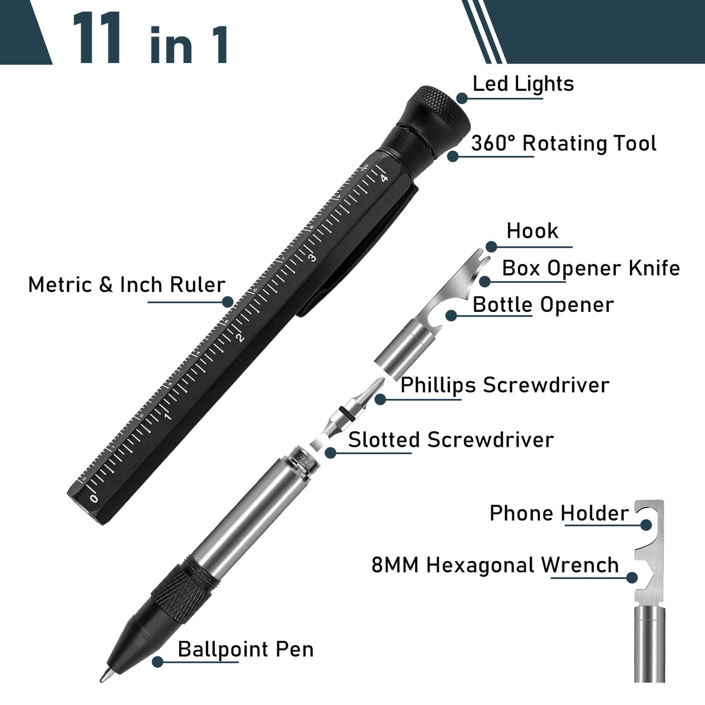 UNIOO 11 In 1 Multi-Tool EDC Pen with Ruler, Level, Bottle Opener for Handyman